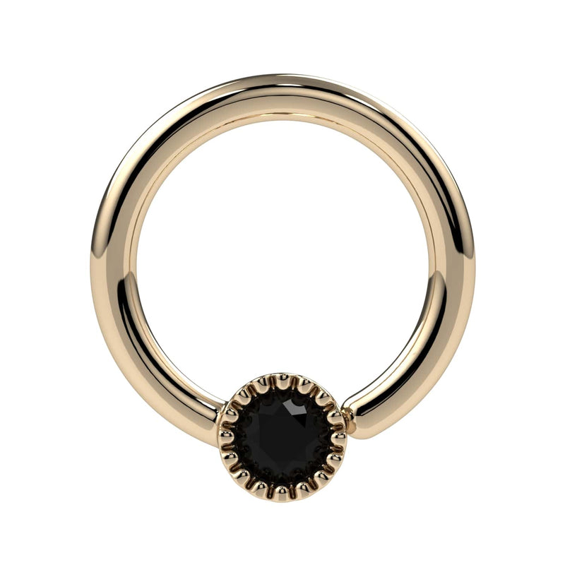 Close-up front view of 14k yellow gold Perlagé fixed bead ring highlighting the black diamond setting detail