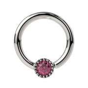 14k white gold pink diamond Perlagé captive bead ring, angled front view showing milgrain bezel