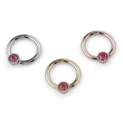 All three metal color options of pink diamond Perlagé bead ring: white gold, yellow gold, rose gold angled view