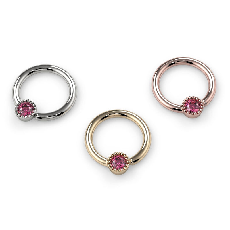 All three metal color options of pink diamond Perlagé bead ring: white gold, yellow gold, rose gold angled view