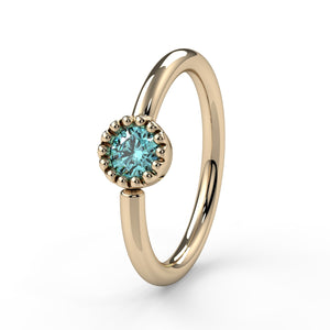 14k yellow gold aqua diamond Perlagé fixed bead ring, angled view showing milgrain bezel setting