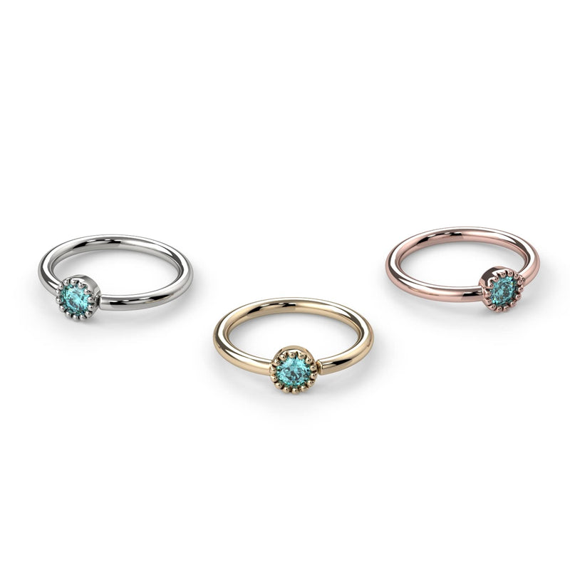 All three metal options of aqua diamond Perlagé fixed bead ring: white gold, yellow gold, rose gold