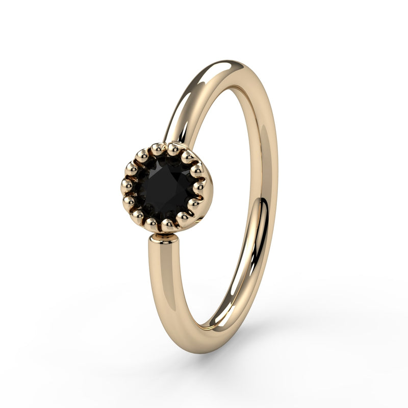 14k yellow gold black diamond Perlagé fixed bead ring with milgrain bezel setting, angled front view
