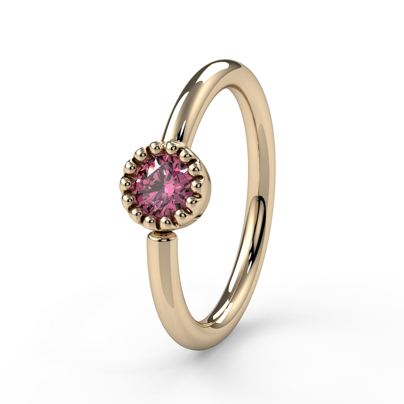 14k yellow gold pink diamond Perlagé fixed bead ring with milgrain bezel, angled side view