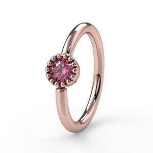 14k rose gold pink diamond Perlagé captive bead ring with vintage milgrain setting, angled view