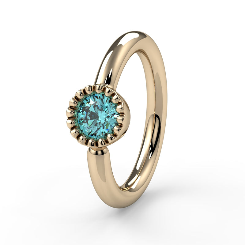 14k yellow gold aqua diamond fixed bead ring, front-angled view showing milgrain bezel detail clearly