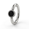 14k white gold black diamond Perlagé captive bead ring with prominent milgrain bezel, front angle view
