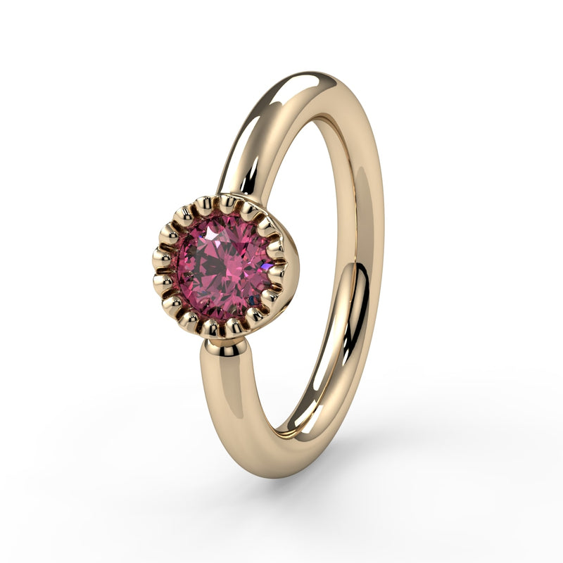 14k yellow gold pink diamond Perlagé fixed bead ring, close-up front view of beaded setting