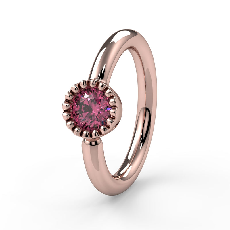 14k rose gold pink diamond Perlagé fixed bead ring, enlarged front view showing milgrain detail