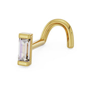 14K yellow gold baguette diamond nose ring twist style, angled view showing rectangular diamond bar setting