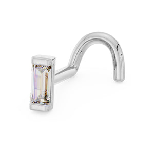 14K white gold baguette diamond nose ring twist style, angled view showing step-cut diamond bar setting