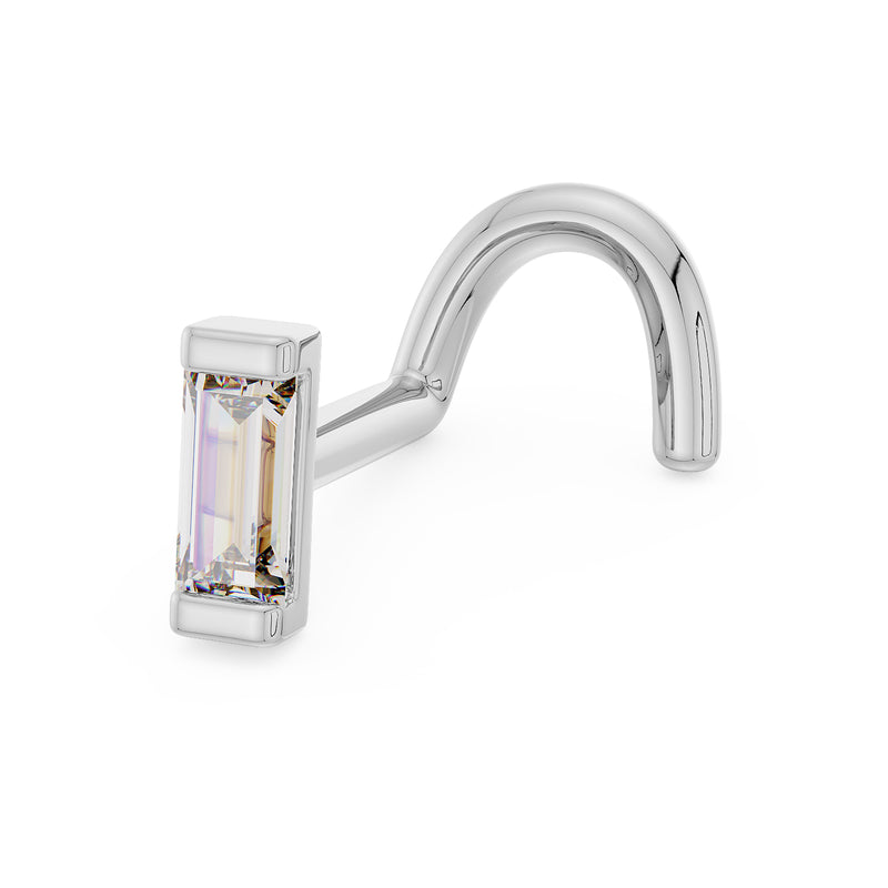 14K white gold baguette diamond nose ring twist style, angled view showing step-cut diamond bar setting