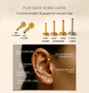 Flat back labret sizing guide showing 18G and 16G gauges from 5mm to 9.5mm with ear piercing map