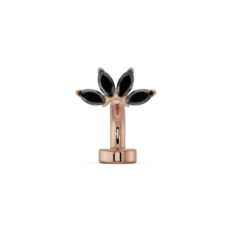 14k rose gold marquise fan floating navel ring with black diamond marquise stones, front view