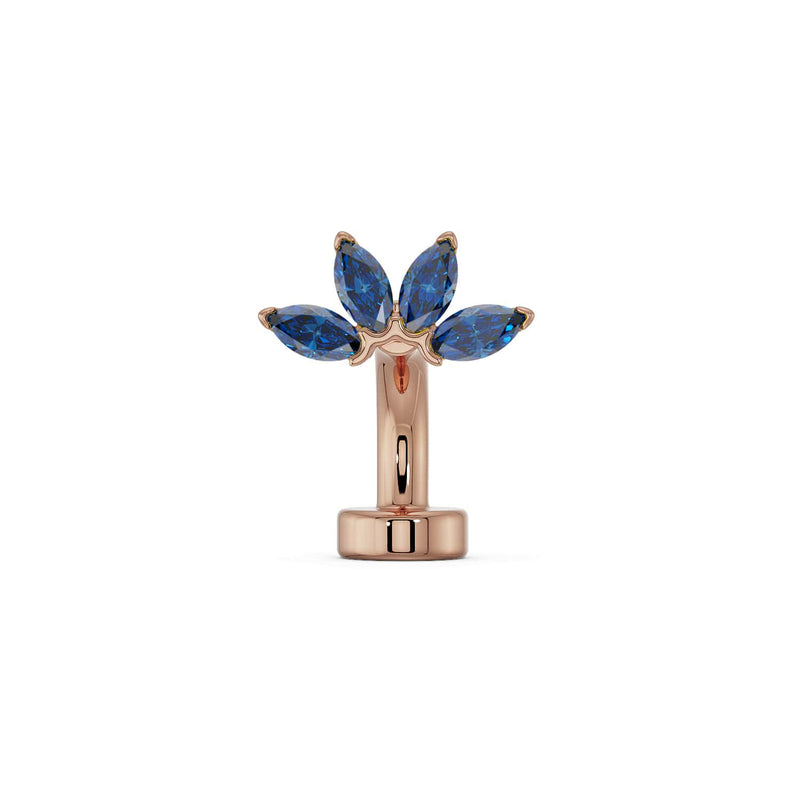 14k rose gold marquise fan floating belly ring with blue sapphire marquise gemstones