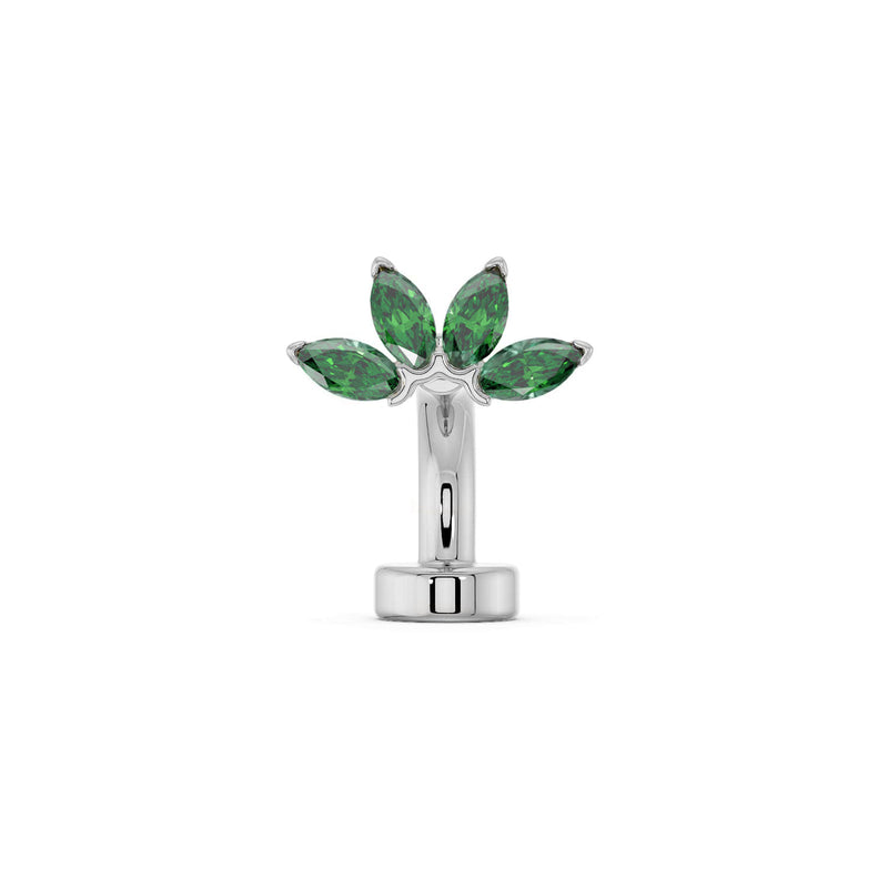 14k white gold marquise fan floating belly ring with emerald green marquise gemstones
