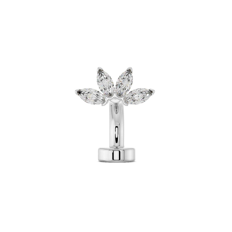 14k white gold marquise fan floating belly ring with clear CZ stones, front view