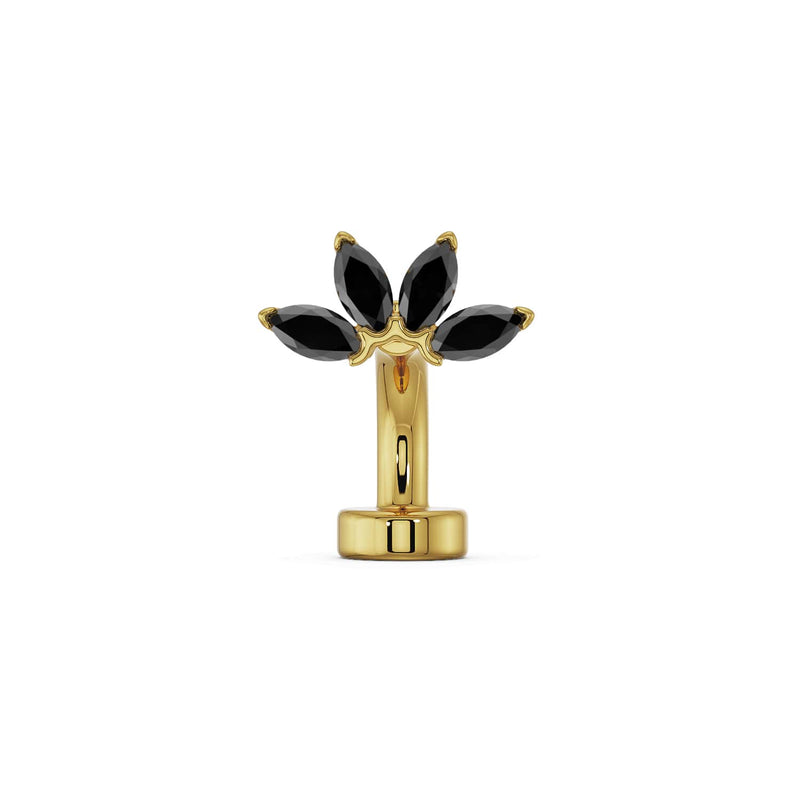 14k yellow gold marquise fan floating navel ring with black diamond marquise stones, front view