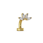 Side profile of 14k yellow gold marquise fan floating belly ring showing curved barbell shape