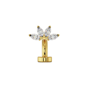 14k yellow gold marquise fan floating belly ring with clear CZ fan charm, front view