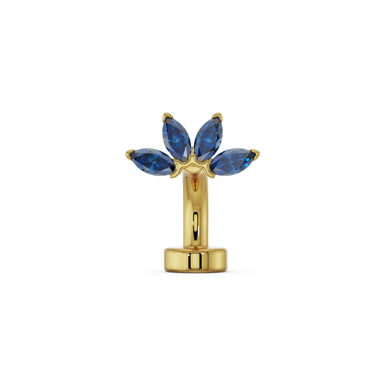 14k yellow gold marquise fan floating navel ring with blue sapphire marquise gemstones