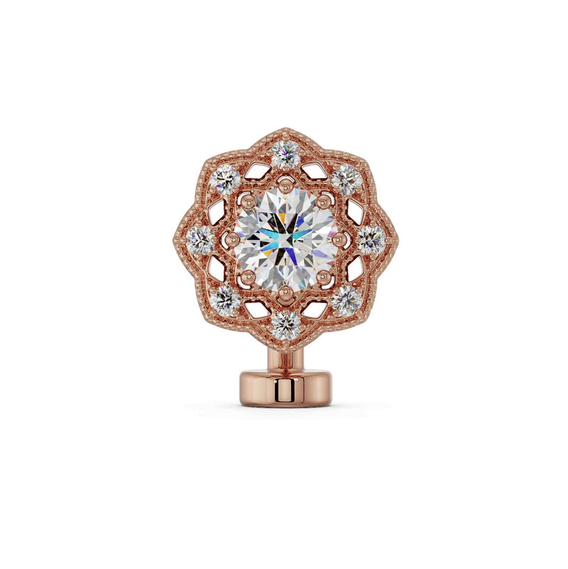 14K rose gold Celtic floating navel ring with CZ center and diamond halo, front view
