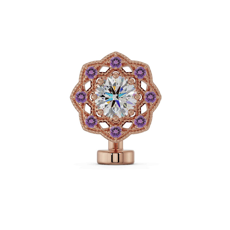 14K rose gold Celtic floating navel ring with diamond center and amethyst accent halo