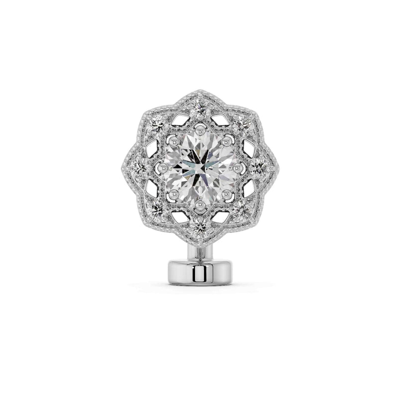 14K white gold Celtic floating navel ring with CZ center and diamond halo, front view