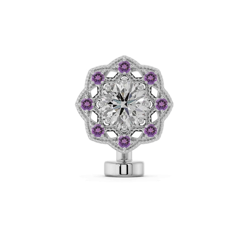14K white gold Celtic floating belly ring with diamond center and amethyst accent halo