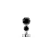 14k white gold bubble bezel floating belly ring with two bezel-set black diamond stones, front view
