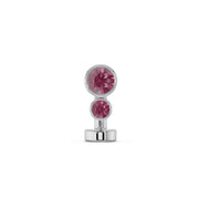 14k white gold floating belly ring with two bezel-set deep pink gemstones, front view