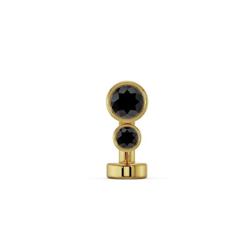 14k yellow gold floating belly ring with two bezel-set black diamond gemstones, front view
