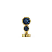 14k yellow gold duo bezel floating belly ring with two round blue sapphire gemstones, front view