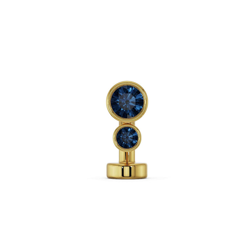 14k yellow gold duo bezel floating belly ring with two round blue sapphire gemstones, front view