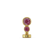 14k yellow gold bubble bezel floating navel ring with bezel-set deep pink garnet stones, front view