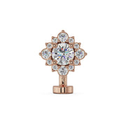 14k rose gold floating navel ring with round CZ center and diamond halo, front view