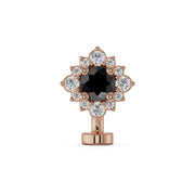 14k rose gold floating navel ring with black diamond center and white diamond halo, front view