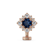 14k rose gold floating navel ring with blue sapphire center and diamond halo, front view