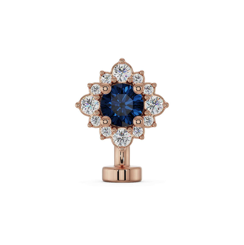 14k rose gold floating navel ring with blue sapphire center and diamond halo, front view