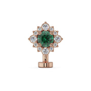 14k rose gold floating belly ring with emerald center stone and diamond halo, front view