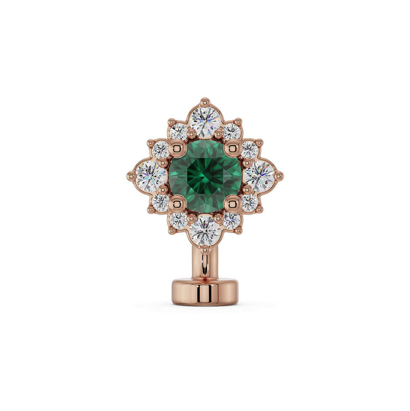 14k rose gold floating belly ring with emerald center stone and diamond halo, front view