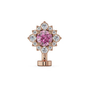 14k rose gold floating belly ring with pink sapphire center and diamond halo, front view