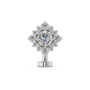 14k white gold floating belly ring with round CZ center and diamond halo, front view
