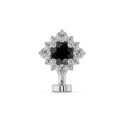 14k white gold floating belly ring with black diamond center and white diamond halo, front view