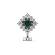 14k white gold floating navel ring with emerald center stone and diamond halo, front view