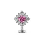 14k white gold floating belly ring with pink sapphire center and diamond halo, front view