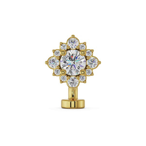 14k yellow gold floating navel ring with CZ center stone and diamond halo, front view