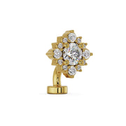 Side profile of 14k yellow gold CZ halo floating navel ring showing curved barbell post