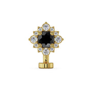 14k yellow gold floating belly ring with black diamond center stone and white diamond halo