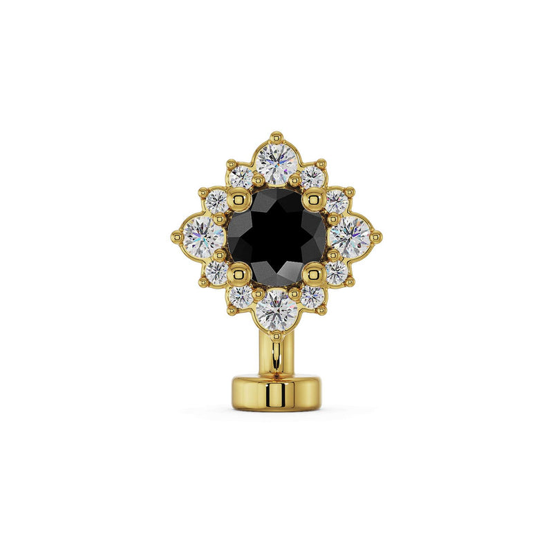 14k yellow gold floating belly ring with black diamond center stone and white diamond halo